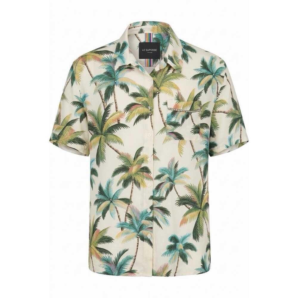 Le Superbe Club Tropicana Silk Palm Tree Crystal Embellished Shirt Size 8